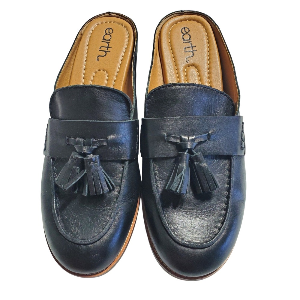 Earth Everett Black Leather Tassel Mule Loafers Womens 8.5 Slip On Comfort Shoes